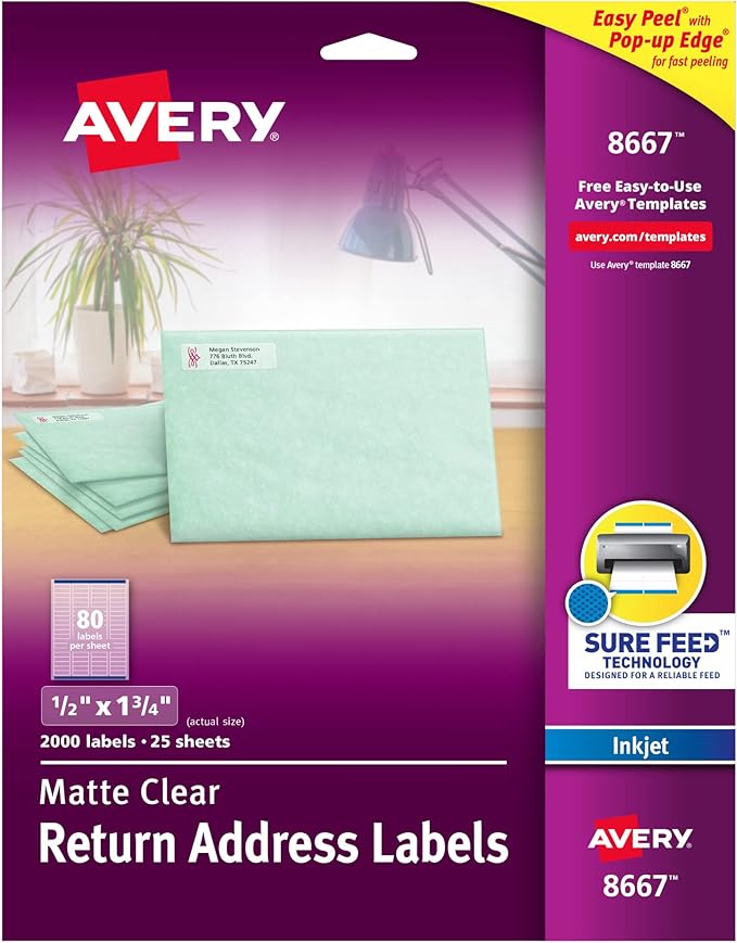 Avery Matte Clear Return Address Labels,Sure Feed Technology,Inkjet,1/2" x 1-3/4",2,000 Labels, 5 Packs (8667)
