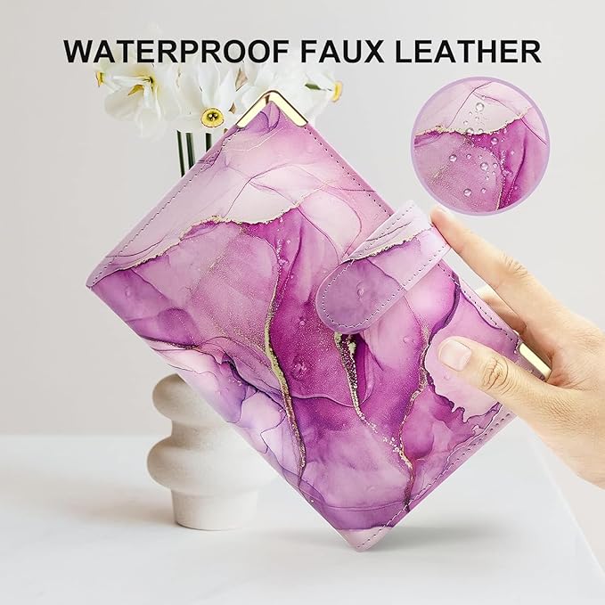 A6 Refillable 6 Ring Faux Leather Budget Binder,Mini Notebook Binder Cover for A6 Filler Paper,Loose Leaf Personal Planner Cover with Magnetic Buckle Closure (Marble Purple)