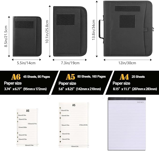 Kosibate Tactical Notebook Padfolio Ring Binders with 45 Sheets,Army Military Notebook Portfolio Binder with Zipper for Tactical Gear and Organizer, Refillable 6-Ring Binder(Black,5.5'' x 8.5'')