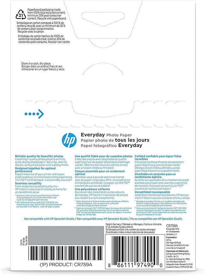 HP Photo Paper, Glossy, 4x6 in | 100 Sheets | CR759A | Pack of 5