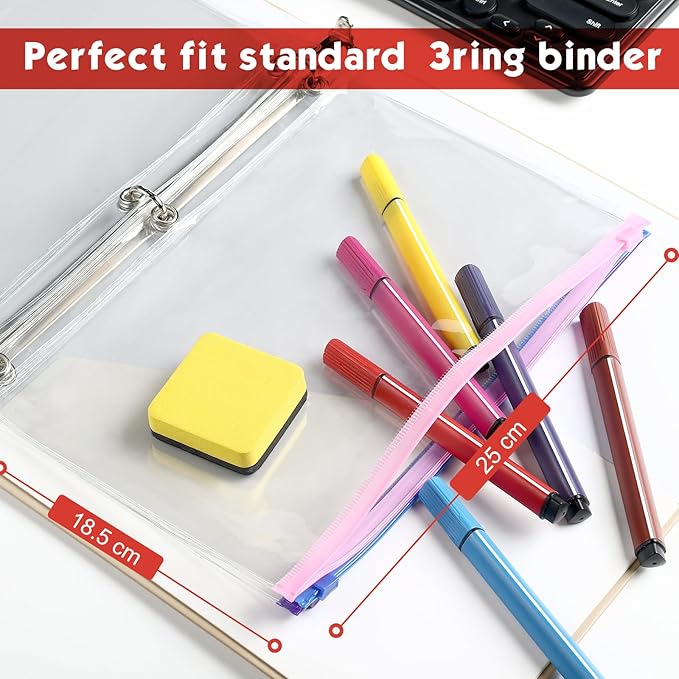 Lincia 24 Pack Clear Pencil Pouch for 3 Ring Binder Pencil Case with Zipper 3 Ring Binder Pocket Insert Bag 10 x 7'' Visible Cash Envelope with Re-enforced Grommet for Office (Colorful,Clear)