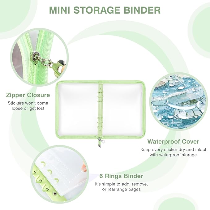 Ospelelf Sticker Organizer Binder Storage Display Book, Includes Clear Pockets, Release Paper, 6 Ring Stickers Holder Binders Essential for Scrapbook Planner Enthusiasts, Green