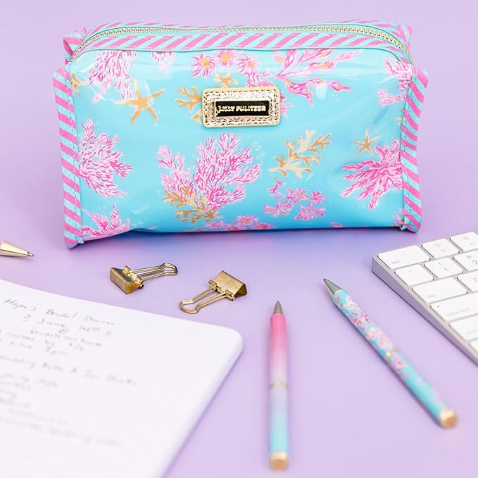 Lilly Pulitzer PVC Zipper Pouch, Cute Pencil Case for Adults, Travel Toiletry Bag, Small Pouch Bag for Supplies, Makeup or Toiletries (Royal Coral)