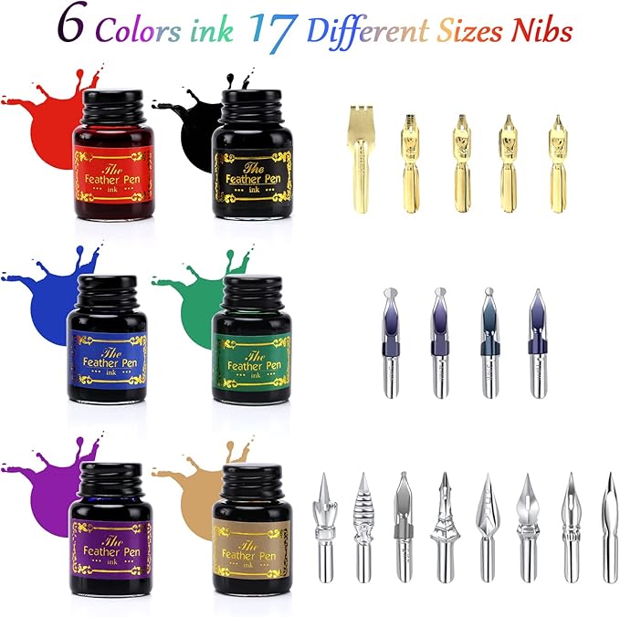 Quill Feather Pen and Ink Set, Calligraphy Pen Glass Dip Pen and Wax Seal Stamp Kit (Red)