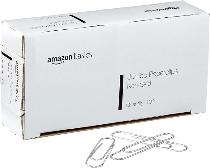 Amazon Basics Jumbo Size Office Paper Clips, Non-Skid, Silver, 1000 Count, 10 Packs of 100, A7072557