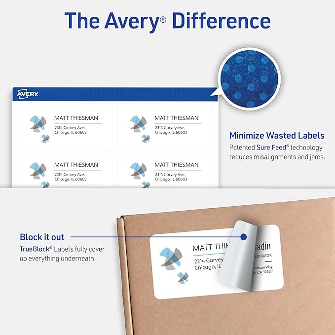 Avery Printable Shipping Labels with Sure Feed, 2" x 4" Customizable Stickers, White, 5,000 Blank Mailing Labels, Great for Mailing, Shipping, and More (5-Pack of 5163)