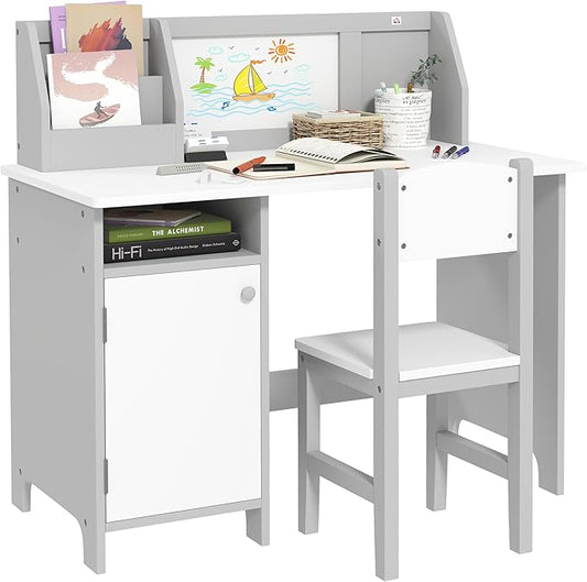 Qaba Toddler Desk and Chair Set, Kids Writing Desk Study Table for Children with Whiteboard, Storage Cabinet, Child Furniture, Art Gifts for Kids, Gray