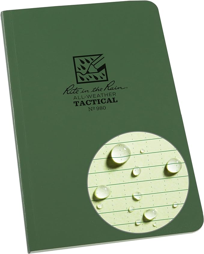 Rite in the Rain Weatherproof Green Book, 4.625” x 7”, Tactical Green Soft Cover, Universal Pattern with Army Reference Material (No. 980)