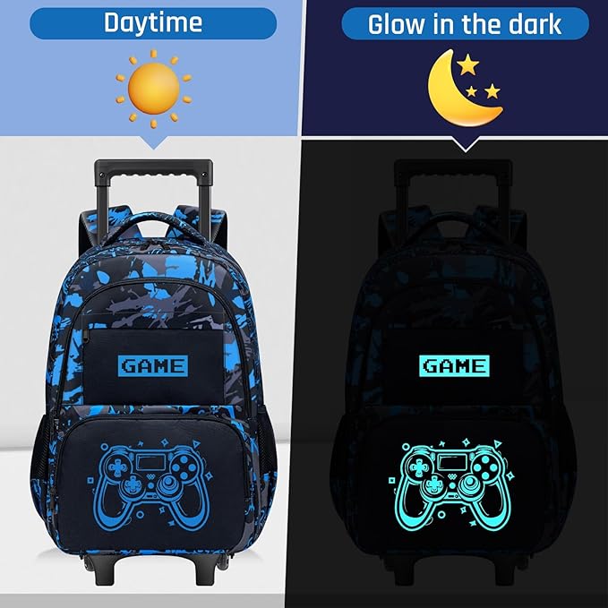 Boys Rolling Backpack for Kids - Glow in The Dark Kids Rolling Backpack with Wheels for Elementary Middle School - Gamer Roller School Bookbag Aged 6-18, Wheeled Travel Bag Large Capacity