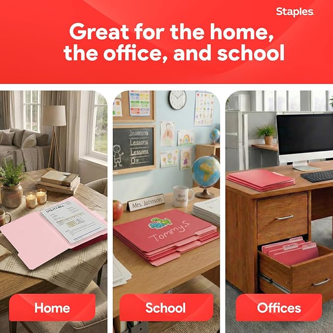 Staples File Folders, Letter Size, 1/3‑Cut Tabs, Red, Durable 10.5‑Point Paper Stock, 100/Pack