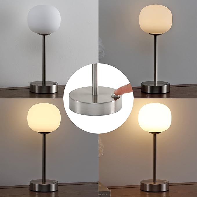 JONATHAN Y 12.25" Nickel Rechargeable Table Lamp, Modern Cordless LED Nightstand Lamp, White Glass Shade, Dimmable Portable Desk Lamp for Bedroom Living Room Dining JYL7108A