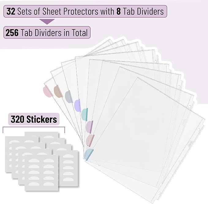 Mr. Pen- Clear Sheet Protectors with Tabs, 8 Tabs, 32 Sets, Clear Plastic Dividers for 3 Ring Binder, Insertable Index Page Divider Multicolor Tabs Bulk