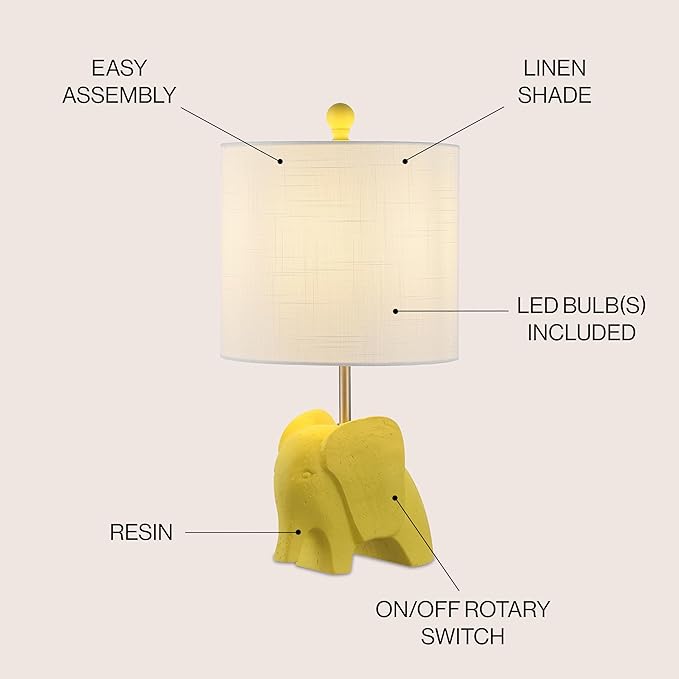 JONATHAN Y 17.5" Yellow Elephant Kids Table Lamp, Whimsical Resin Bedside Lamp with White Linen Drum Shade for Bedroom Playroom Nursery, LED Bulb Included, UL Listed (JYL1143C)