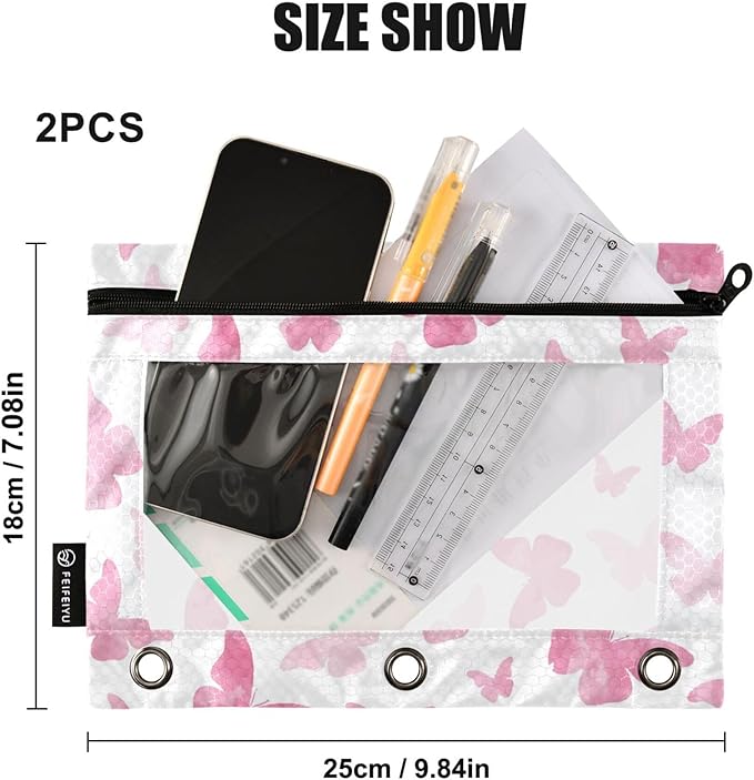Butterfly Pencil Pouch Flip Folder 3 Rings,Binder Zipper Pouch with Clear PVC Window for Family,Office 2 Pack