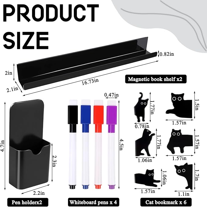14 Pcs Magnetic Book Shelf,Cat Bookmarks,Pen Holder for Whiteboard,Colored Markers,17 Inch Magnetic Shelves for Home Study Areas, Office Cubicles, Classroom Whiteboards