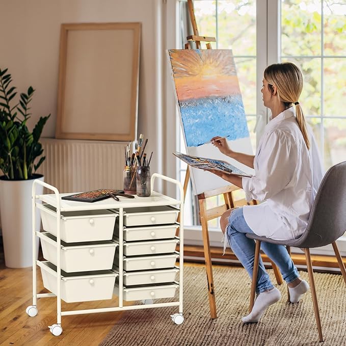 COSTWAY Rolling Storage Cart with 9 Drawer, Mobile Utility Cart with Metal Frame, Art Supply Craft Organizer, Multipurpose Storage Organizer for Paper, Office, School Teacher, Classroom, White