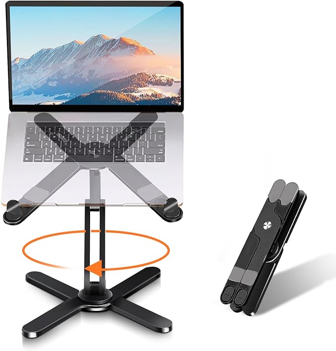Laptop Stand with 360 Rotating Base, Computer Notebook Laptop Riser Metal Holder for Desk Collaborative Work, Fully Foldable for Easy Storage, Fits All MacBook, Laptops up to 16 inches, Black
