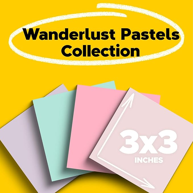 Post-it 100% Recycled Paper Super Sticky Notes, 3 in. x 3 in., 24 Pads, 70 Sheets per Pad, Wanderlust Pastels, New Year Organization or Second Semester School Supplies