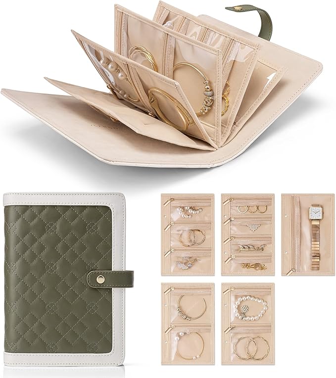Vlando Travel Jewelry Organizer Case,Mom Gifts from Daughter,Jewelry Storage Book Ring Binder with Clear Zipper Velvet Jewelry Pouch Bag,Travel Essentials for Rings,Necklace,Earrings-Olive Green