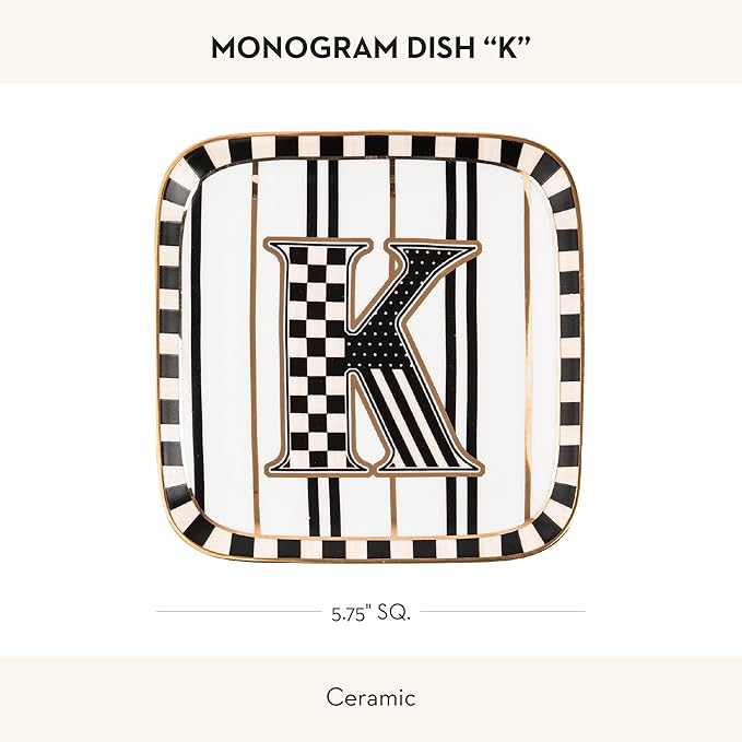 MACKENZIE-CHILDS Monogram Dish, Decorative Ceramic Letter Plate, 5 3/4" Square, K