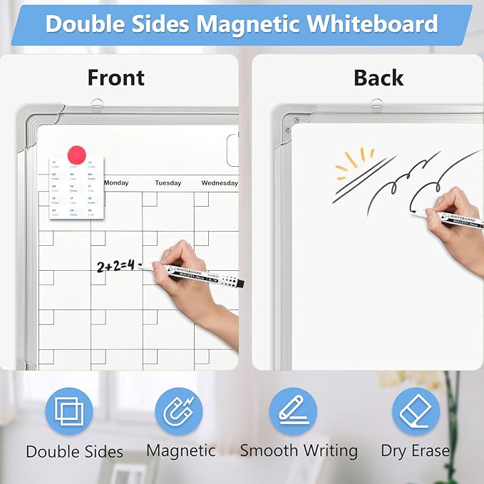 Whiteboard Calendar Dry Erase Calendar for Wall, 16" x 12" Small Magnetic Dry Erase Board Hanging Double-Sided, Calendar Whiteboard for Drawing, Kitchen, Planning, Memo, Home, Office
