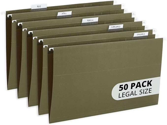 Blue Summit Supplies Hanging File Folders, 1/5 Cut Adjustable Tabs, Legal Size, 5 Tab Locations, Designed for Legal and Law Office File Organization, Standard Green, 50 Pack, Legal Size
