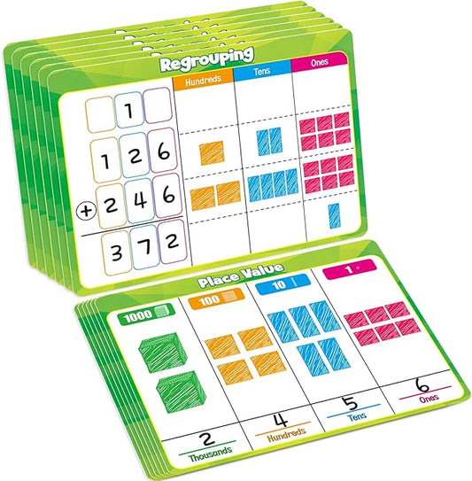12 Pack Place Value Chart Dry Erase Flash Cards,9" x 12" Base Ten Addition and Subtraction Regrouping Math Manipulatives 1st 2nd 3rd Grade Classroom Must Haves Teacher Homeschool Supplies