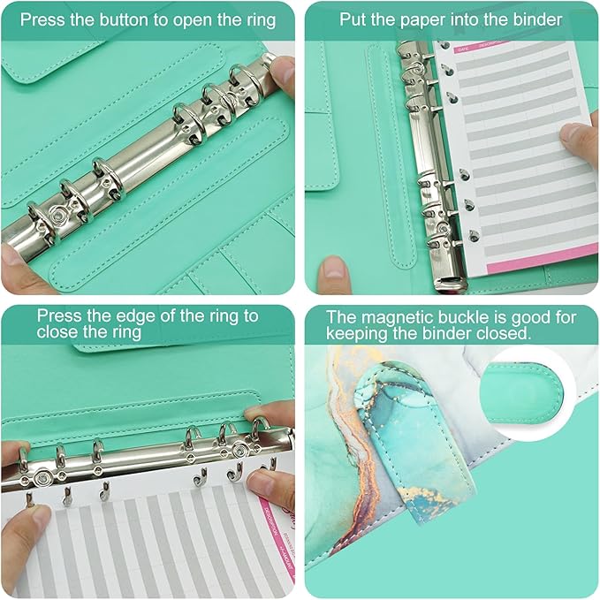 A5 Refillable 6 Ring Faux Leather Budget Binder,Mini Notebook Binder Cover for A5 Filler Paper,Loose Leaf Personal Planner Cover with Magnetic Buckle Closure (Marble Green)