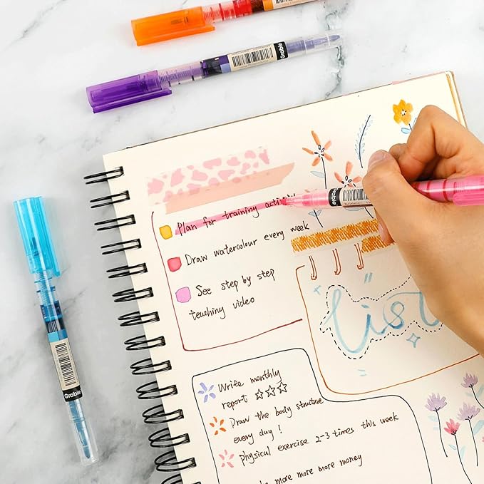 Grabie Dual Tip Notetaking Pens (3.5mm Chisel + 0.5mm Needle), Dual Tip Highlighter Markers for Journaling, Colored Pens for Note Taking and Adult Coloring Books (Vivid Splash)