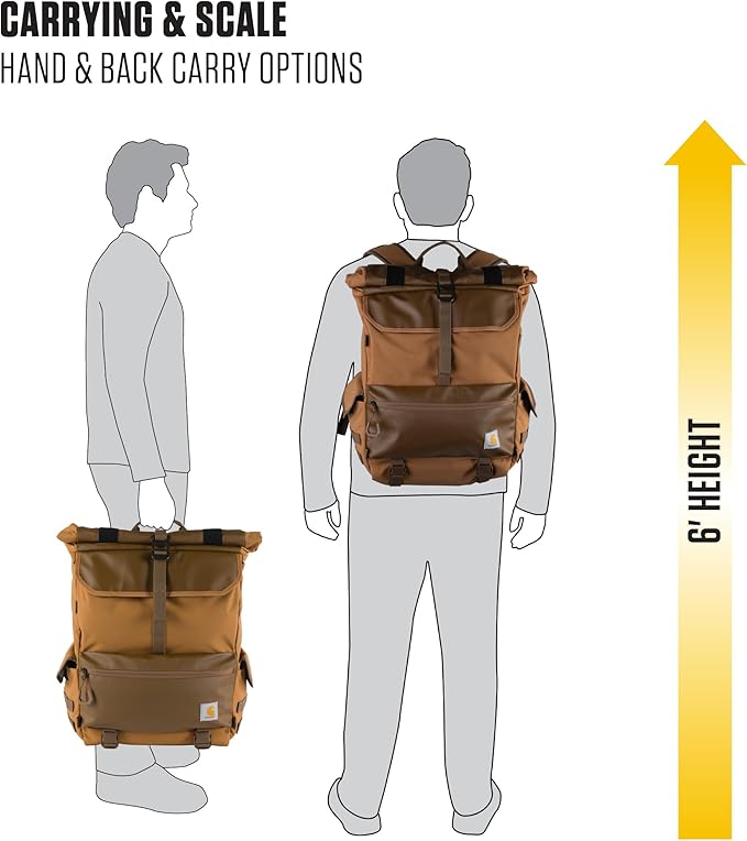 Carhartt 40L Nylon Roll Top Backpack, Heavy-Duty Water-Resistant Material W/ 17" Laptop Sleeve, Carhartt Brown