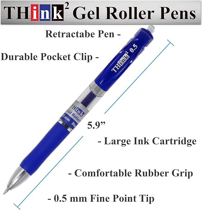 [24 Pens - 4Black, 4Blue, 4 Red, 4 Green, 4 Pink, 4Purple Ink] Think2 Retractable Gel Pens. Assorted Colors Fine Point (0.5mm) Rollerball Pens with Comfort Grip.