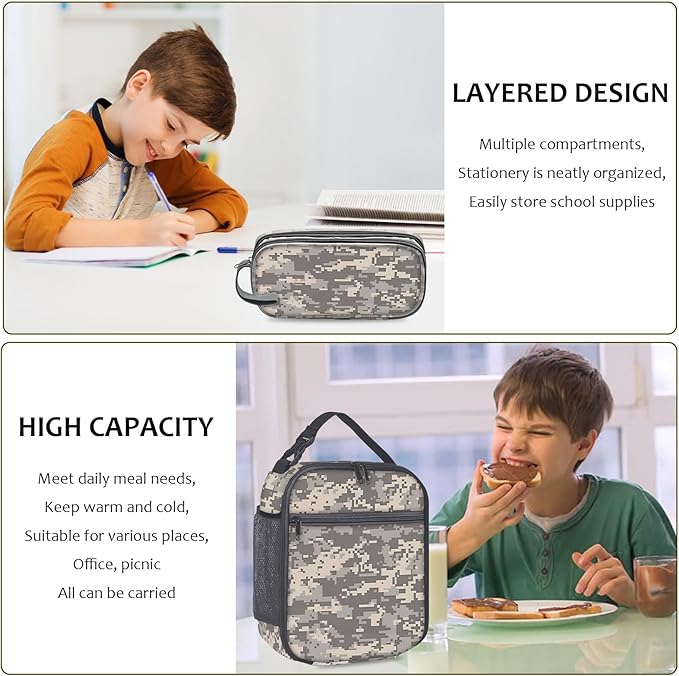 School Backpack for Boys - Camouflage Boys Backpack for Kids Teens Elementary Middle School - 4pcs Camo Students Bookbag with Lunch Box and Pencil Case & Key-chain,18″ Bookbag with Usb Charging Port