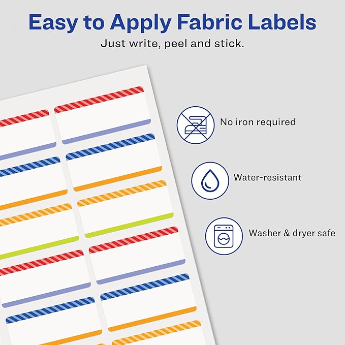 Avery No-Iron Fabric Name Labels, Playful Stripes Preprinted Designs, Handwrite Only, 24 Preprinted Labels (40774)