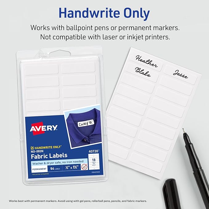 Avery No-Iron Fabric Labels, 1/2" x 1-3/4", Washer and Dryer-Safe Waterproof Labels, Non-Printable, 180 Total (40721)