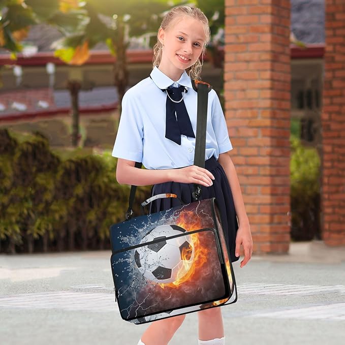 Water Fire Soccer Zipper Binder Bag 3 Ring Binder with Shoulder Strap Zip Up 500 Sheets Capacity Multi Pockets for School Office Supplies