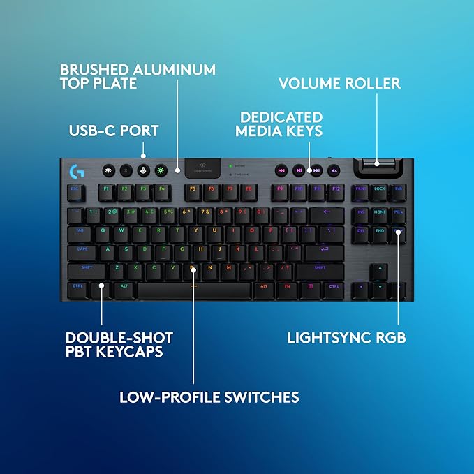 Logitech G915 X Lightspeed TKL Low-Profile Wireless Gaming Keyboard, Double-Shot PBT Keycaps, Fully Programmable Keys, RGB Backlighting, Sleek Aluminum Finishing, GL Brown Tactile - PC/Mac - Black