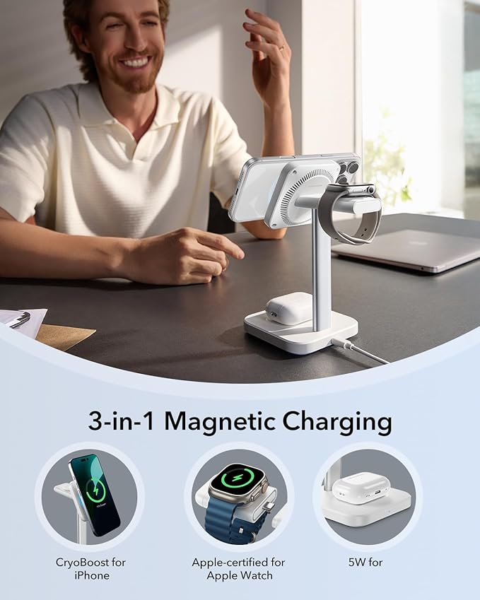 ESR for MagSafe Charger Stand, 3 in 1 Charging Station with CryoBoost, Phone-Cooling Wireless Charging, 15W MagSafe Stand, for iPhone 17/16/15/14/13/12, AirPods, Apple Watch, White