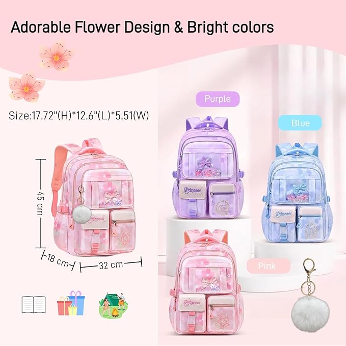 Kids Backpack School Bags for Girls, Cute Princess Backpack Multi-pocket Elementary School Students Bookbag for Girls, Purple
