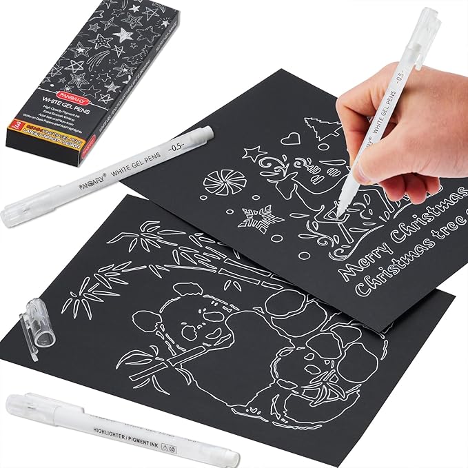 PANDAFLY White Gel Pens, 0.5mm Extra Fine Point Opaque Archival Ink Pen for Journaling, Art, or Drawing - For Artist Gifts, Holiday Gifts & DIY Projects, 3 Pack
