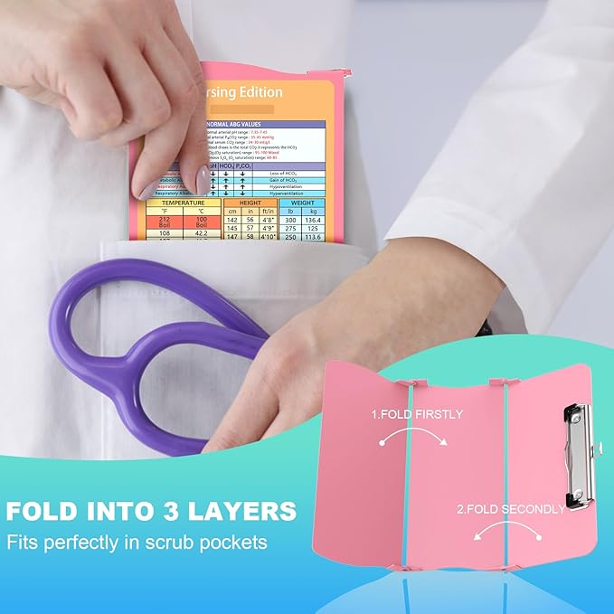 Clipboards Nursing Clipboard Trifold Foldable, 3 Layers Aluminum Nurse Clipboards with Nursing Edition Cheat Sheets Folding Pocket Size for Students, Nurses and Doctors (Pink)