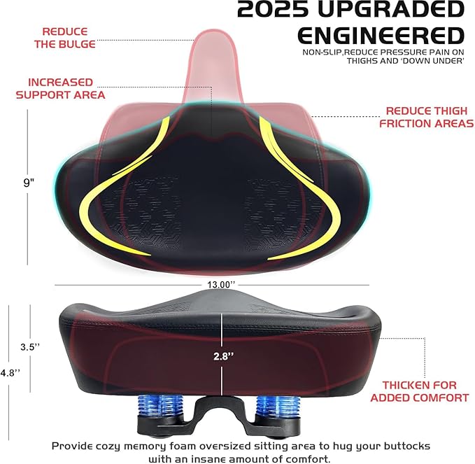 Noseless Bike Seat Cushion for Men & Women - Extra Padding & Comfort Wide Bicycle Seat, Oversized Comfortable Saddle for Peloton Bikes, Exercise Bikes, Electric Bikes, Cruiser Bikes