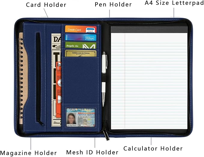 Zippered Portfolio Organizer/ A4 Refillable Lined Writing Notepad Folder Case/Fabric-Covered Padfolio Binder with Interior Storage Pocket for Men Women, Navy Blue