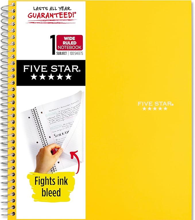 Five Star Spiral Notebook + Study App, 3 Subject, Wide Ruled Paper, 8" x 10-1/2", 150 Sheets, Fights Ink Bleed, Water Resistant Cover, Harvest Yellow (73463) (Pack of 6)
