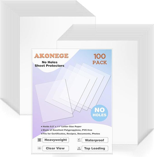 AKONEGE 100 Pack No Holes Sheet Protectors 8.5 x 11 Inch Letter Size Page Protectors for Documents, Prints, Top Loading Heavyweight Clear View Plastic Sleeves for Papers, Artworks, Photos