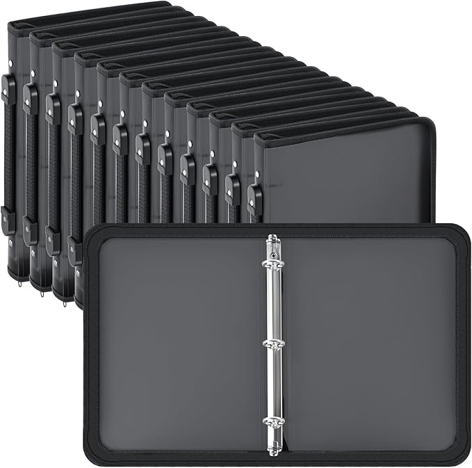 Teling 12 Pcs Plastic Zipper Binders with 3 Ring Zipper Binder, Refillable File Organizer Planner for Projects, Assignments, Memos, School Work (1 Inch,Black)