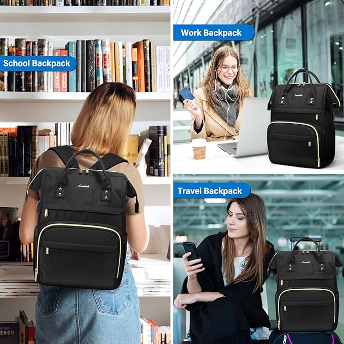 LOVEVOOK Extra Large Travel Laptop Backpack Women, 18 Inch Womens Work Backpack Purse, Waterproof Anti-theft Travel Back Pack with USB Charging Port for College Teacher Nurse, Black