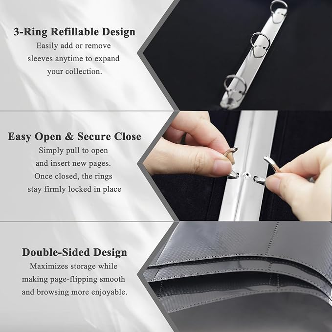 Card Binder 9 Pocket, 3-Ring Zipper Binder for Baseball Cards, Sports Cards, TCG/CCG (MTG, Football, Basketball), 20 Black Leatherette Sheets, Side Load (Purple, O-Ring)