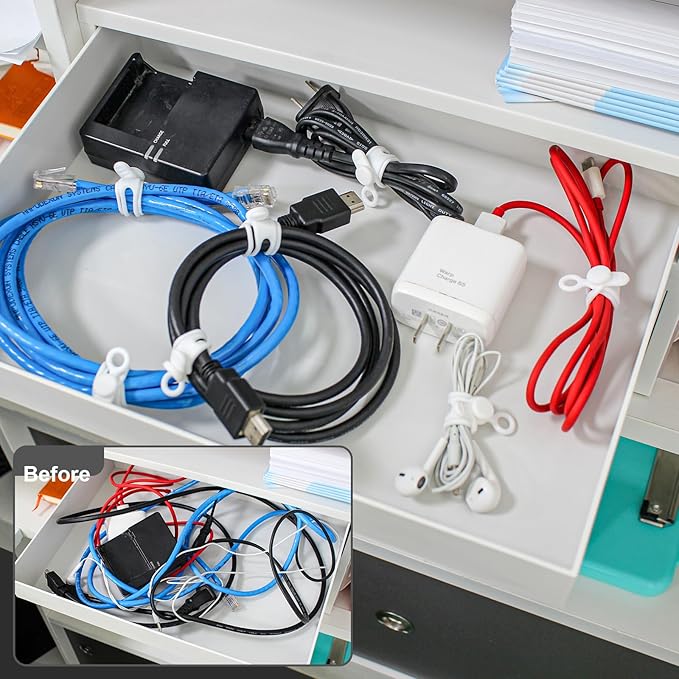 50Pcs Cord Organizer Kit, Reusable Silicone Cable Ties, Strong Adhesive Cable Clips for Cable Management, Multipurpose Wire Management for Bundling and Fastening Various Wires (6 Colors)