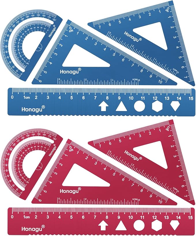 Honagu Triangular Ruler Set, 2 Sets/8 Pieces Aluminum Alloy Ruler, Metal Drafting Ruler, Geometric Protractor for Students, Draftsmen, Engineers, School Office Supplies(15cm/5.9inches, Red+Deep Blue)