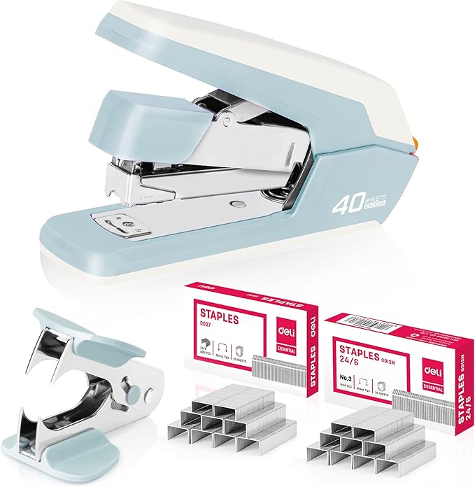 Deli Effortless Desktop Stapler, Heavy Duty Stapler, 40-50 Sheet Capacity, One Finger, No Effort, Includes 1500 Staples & Staple Remover, Blue